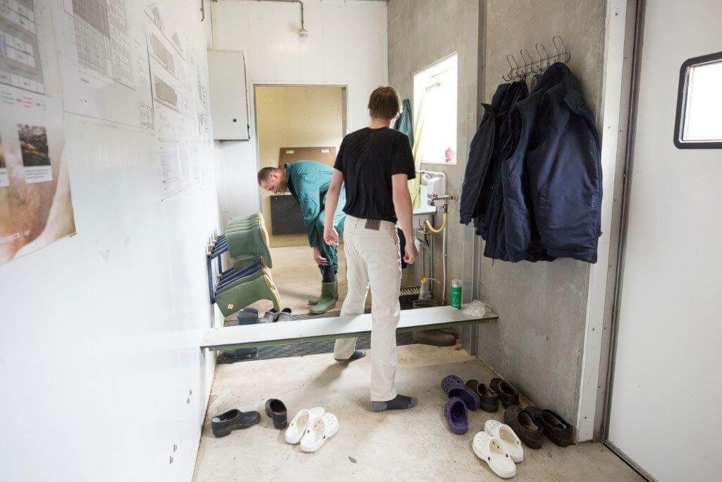 Bij binnenkomst van de stal wisselen voeradviseur Jan van Asselt en dierenarts Erwin van Essen van de kleding en schoeisel die ze op het erf dragen naar de kleding en laarzen van de stal. 