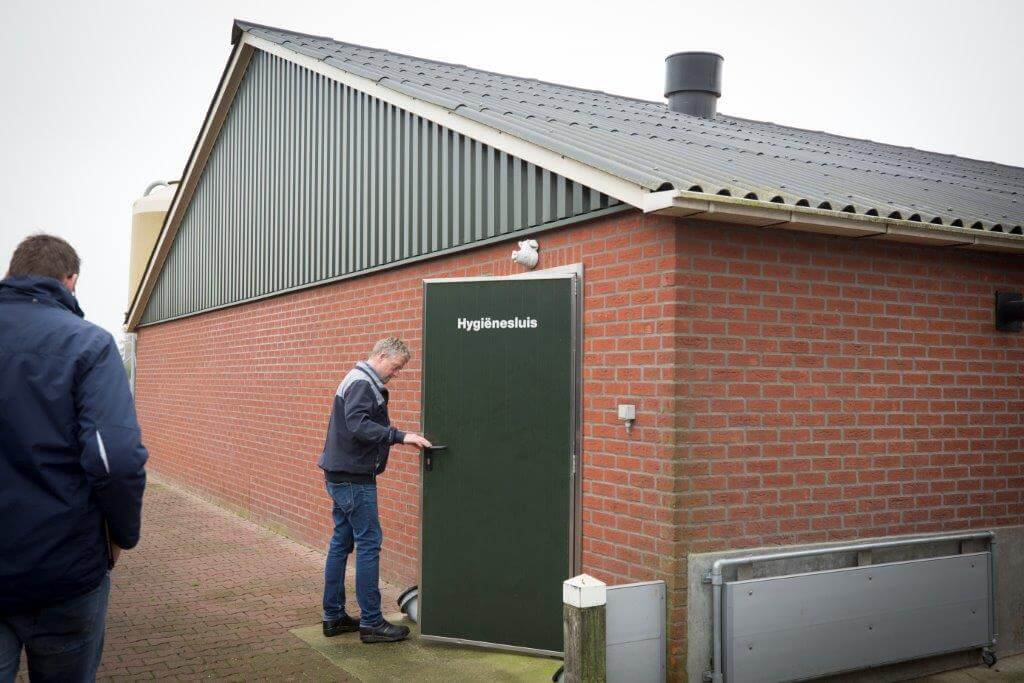 Zoeken naar de entree van het bedrijf is niet nodig. Rechts is een hekje te zien. Linthorst heeft die op meerdere plaatsen zitten, zodat de biggen bij aankomst en de vleesvarkens bij afleveren de weg niet kwijt raken. 