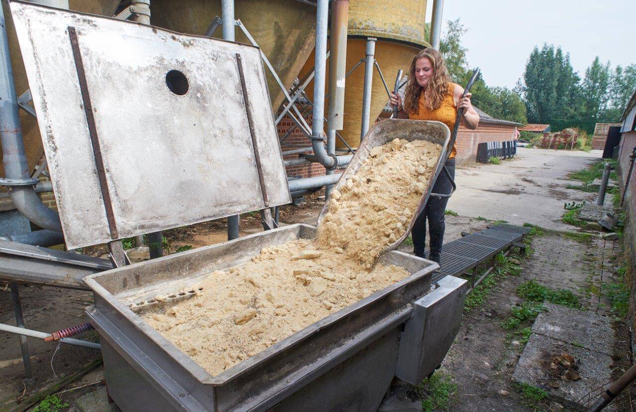 Via een computergevoerde droogvoerinstallatie en een kegelmenger wordt varkensbrok met ccm gevoerd. Ongeveer de helft van de 23 hectare grond is bestemd voor de teelt van korrelmais. Het zure goedje stimuleert de gezondheid. Omdat het om niet al te veel varkens gaat is het secuur uitkuilen goed met de hand te doen. Ook Laura draait haar hand niet om voor dat dagelijkse klusje. 