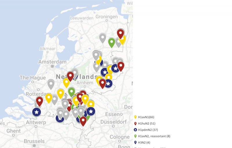 Kaart Verspreiding van de verschillende grieptypes in Nederlandse varkensbedrijven, van januari 2018 tot juni 2020.
